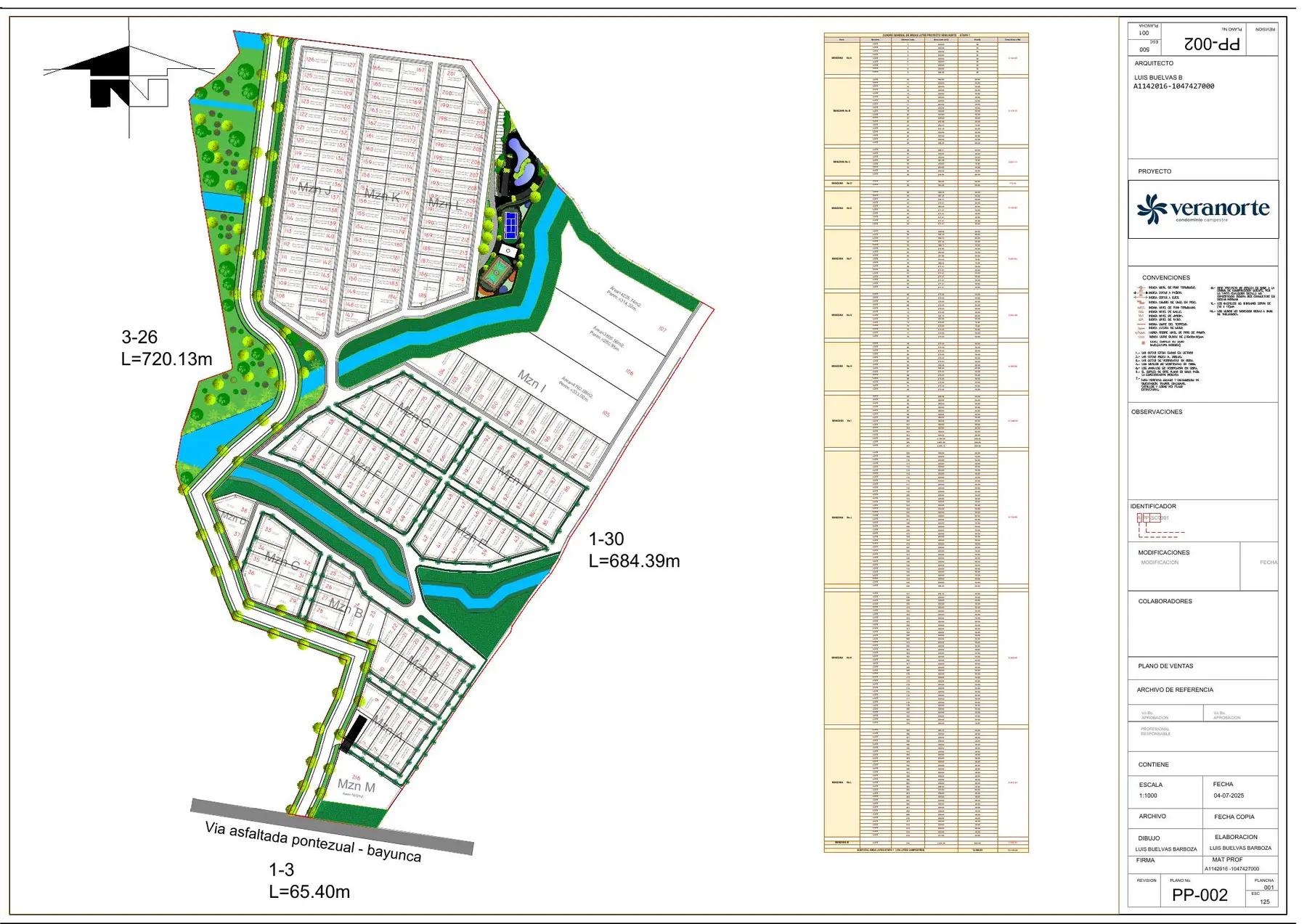 Plano urbanístico de Veranorte Etapa 2 con la distribución de lotes, vías y zona social