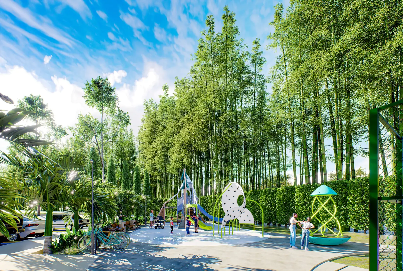 Parque infantil junto al bosque de bambú