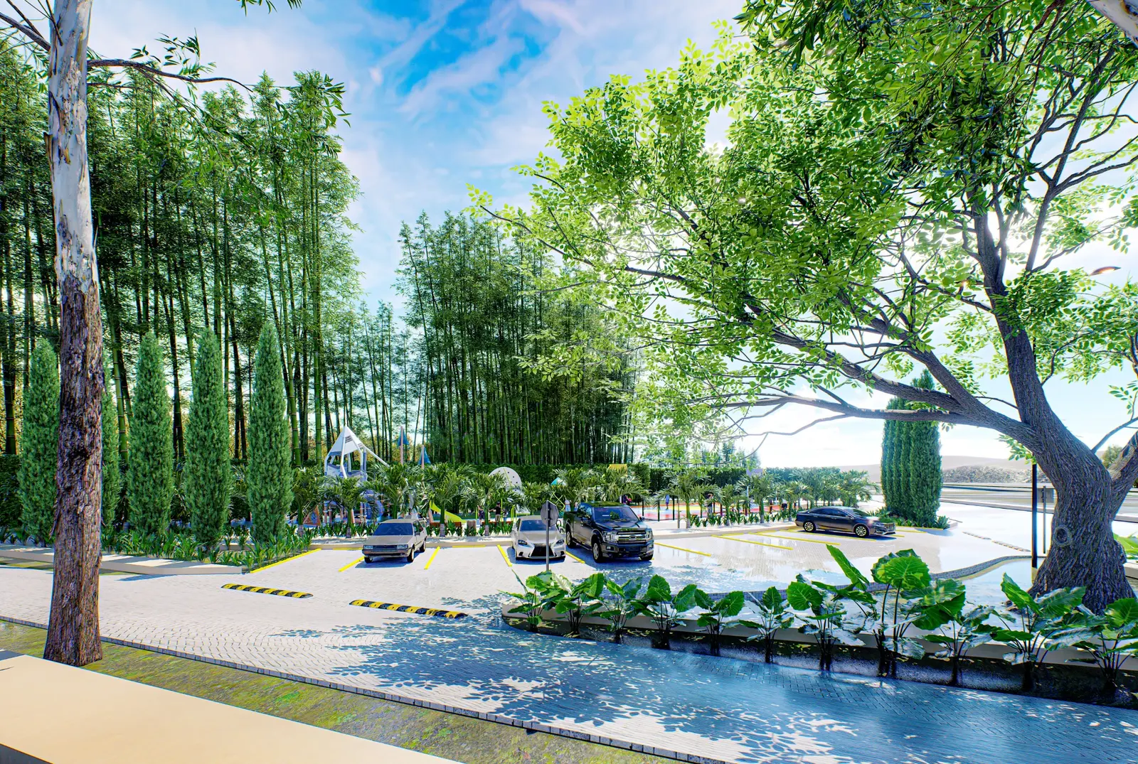 Parqueaderos con árboles y senderos peatonales