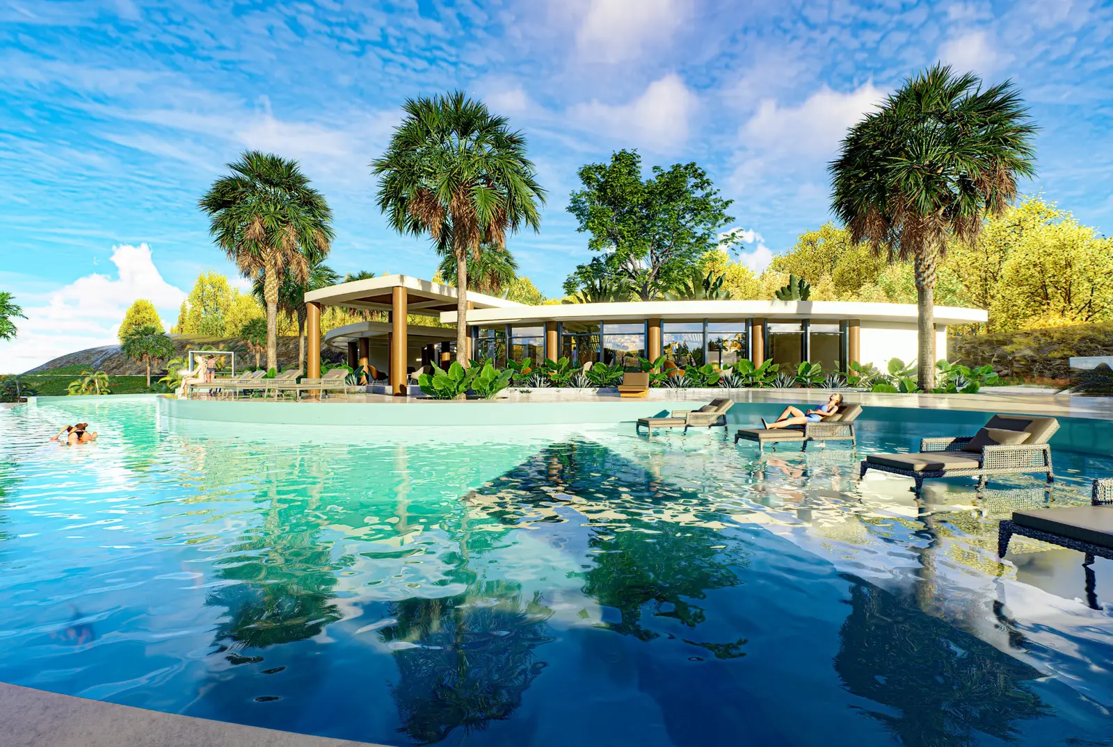 Piscina con borde infinito y salón social de Veranorte
