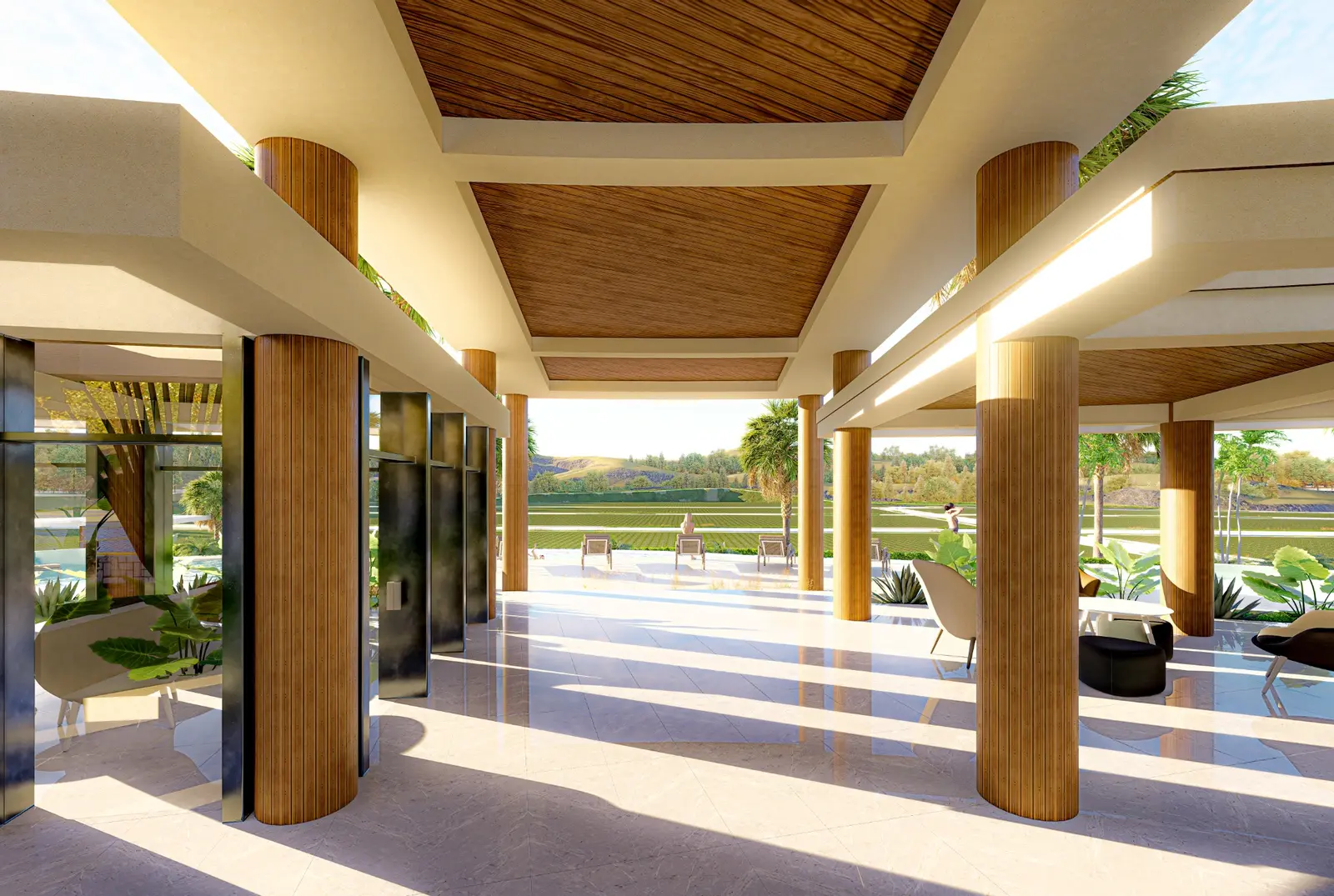 Pórtico con columnas de madera del salón social