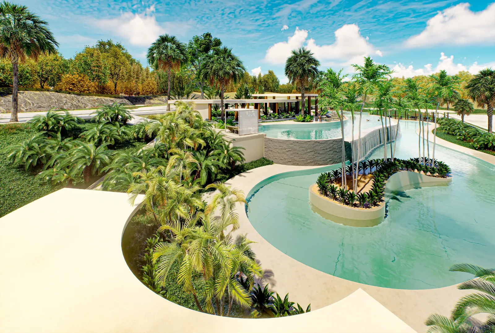 Piscina infantil con cascada de agua e isla central