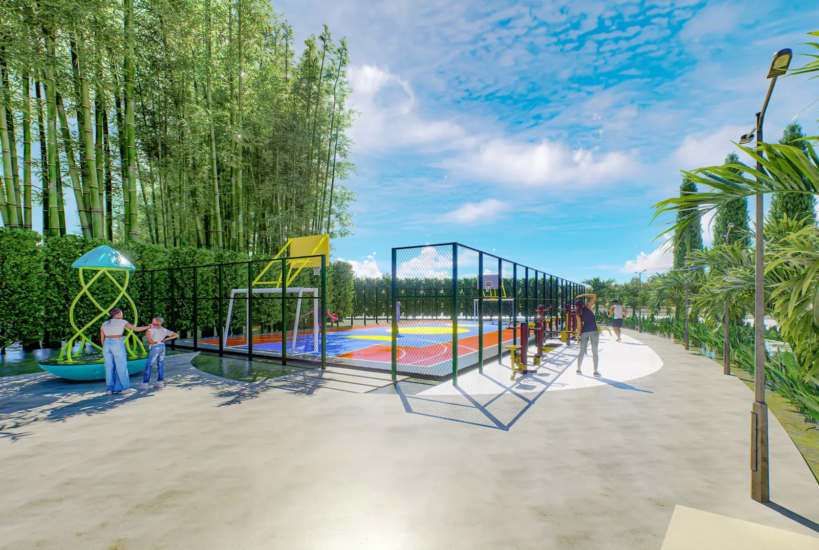 Zona deportiva con cancha y juegos infantiles entre bambú
